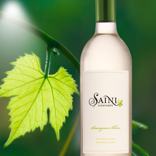 white wine bottle Saini vineyard wine bottle Sonoma  California grape vine leaf