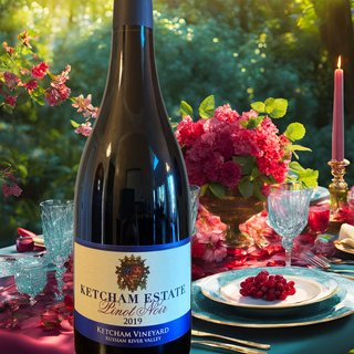 2019_Pinot_Noir_Ketcham_Vineyard_Russian_River_Valley red wine bttle in the garden