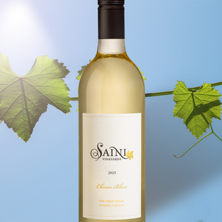 white wine bottle Saini vineyard wine bottle Sonoma  California grape vine leaf