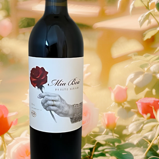 Petite Sirah, Mendocino County, Mia Bea 2022 Red Wine bottle, rose garden