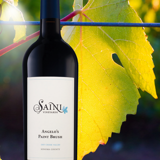 2021 red wine bottle Sonoma California green leaf Saini vineyard